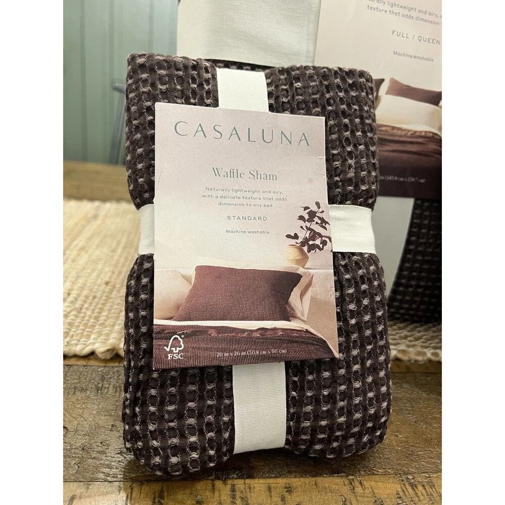 SET Full/Queen Textured Waffle Coverlet & 2 Standard Shams Dark Fig-Casaluna NEW